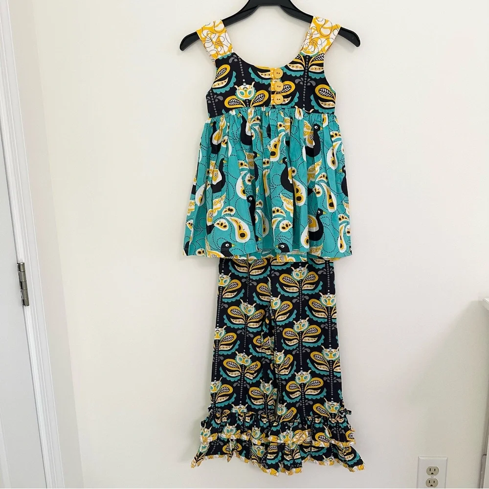 Jelly the Pug Vibrant Yellow Teal and Black 2 Piece Outfit girls size 7 Birds